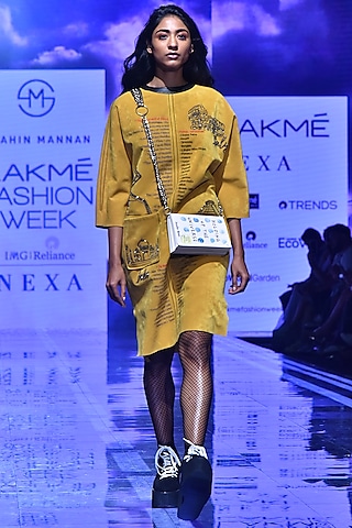 Mustard Embroidered Kaftan Dress by Shahin Mannan