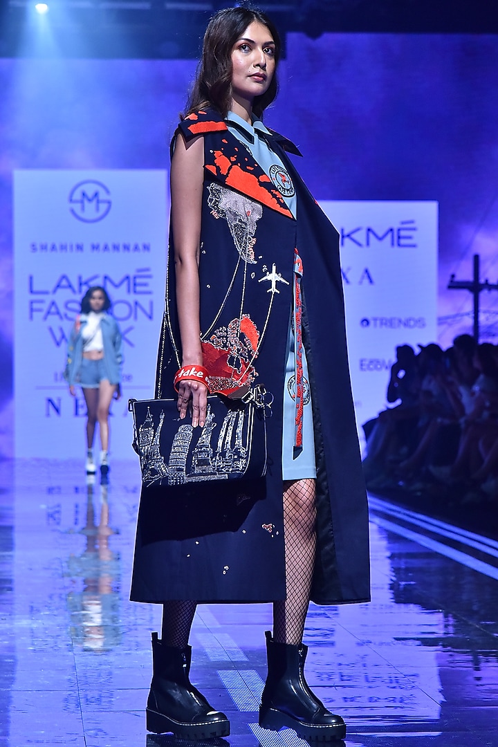Navy Blue Embroidered Jacket With Pockets by Shahin Mannan