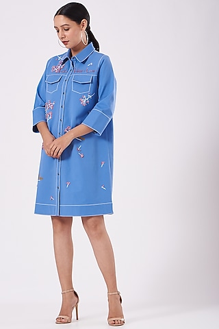Marina Blue Hand Embroidered Shirt Dress by Shahin Mannan
