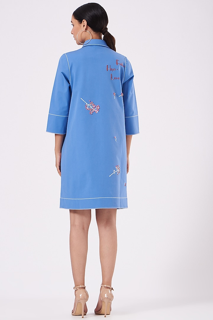 Marina Blue Hand Embroidered Vacation Shirt Dress by Shahin Mannan at Pernia's Pop Up Shop