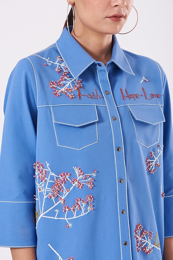 Marina Blue Hand Embroidered Vacation Shirt Dress by Shahin Mannan at Pernia's Pop Up Shop