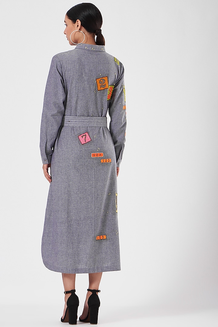 Stone Blue Embroidered Midi Cocktail Shirt Dress With Belt by Shahin Mannan at Pernia's Pop Up Shop