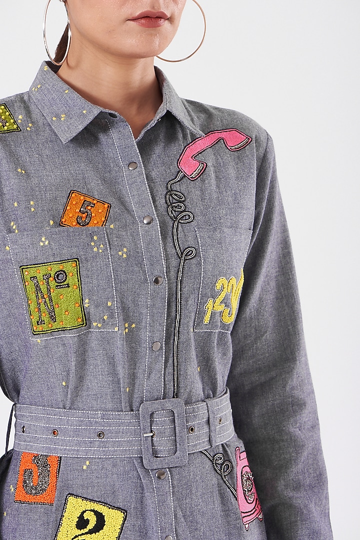 Stone Blue Embroidered Midi Cocktail Shirt Dress With Belt by Shahin Mannan at Pernia's Pop Up Shop