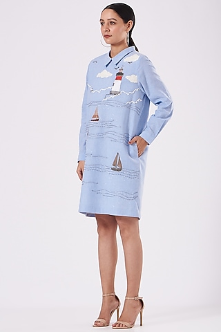 Light Blue Hand Embroidered Mini Dress by Shahin Mannan