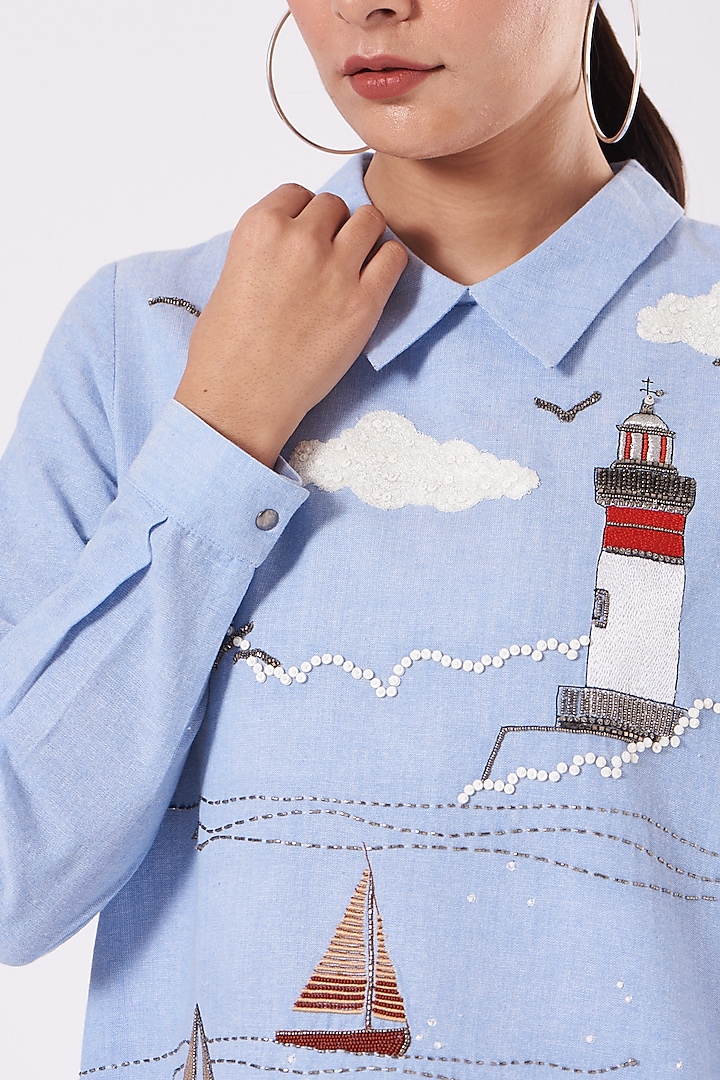 Light Blue Hand Embroidered Mini Cocktail Dress by Shahin Mannan at Pernia's Pop Up Shop