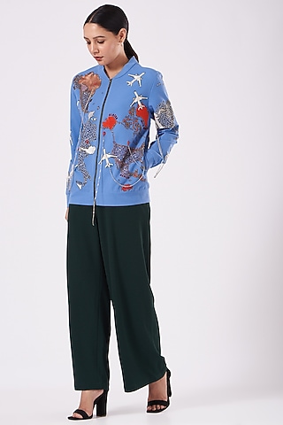 Marina Blue Hand Embroidered Jacket by Shahin Mannan