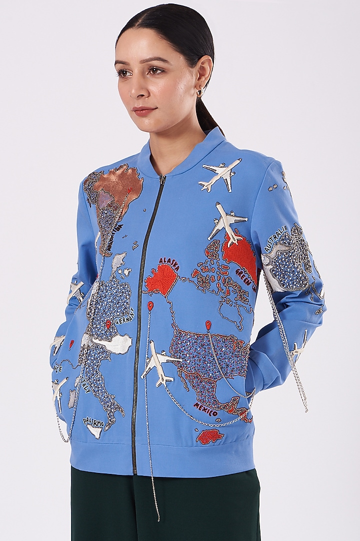 Marina Blue Hand Embroidered Jacket by Shahin Mannan at Pernia's Pop Up Shop