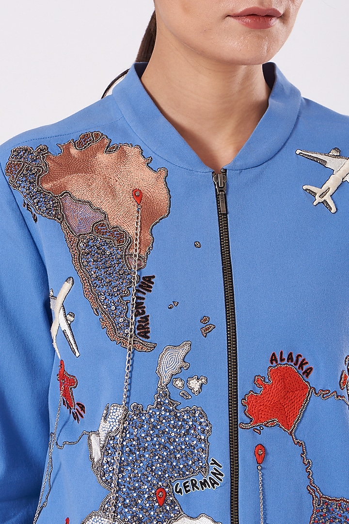 Marina Blue Hand Embroidered Jacket by Shahin Mannan at Pernia's Pop Up Shop