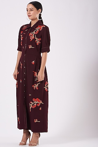 Wine Embroidered Maxi Dress by Shahin Mannan