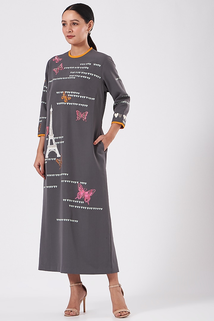 Grey Embroidered Pleated Midi Dress by Shahin Mannan