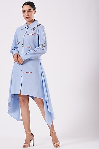 Light Blue Embroidered Asymmetrical Dress by Shahin Mannan
