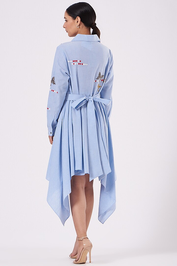 Light Blue Embroidered Asymmetrical Vacation Dress by Shahin Mannan at Pernia's Pop Up Shop