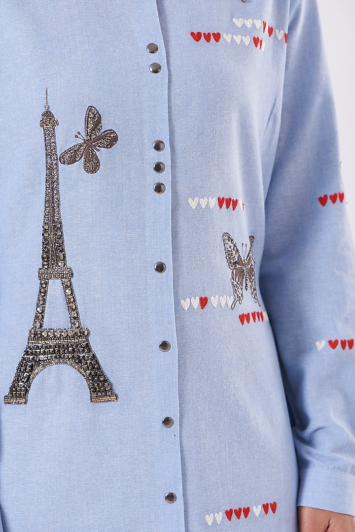 Light Blue Embroidered Asymmetrical Vacation Dress by Shahin Mannan at Pernia's Pop Up Shop