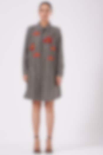 Dark Grey Embroidered Mini Shirt Dress by Shahin Mannan