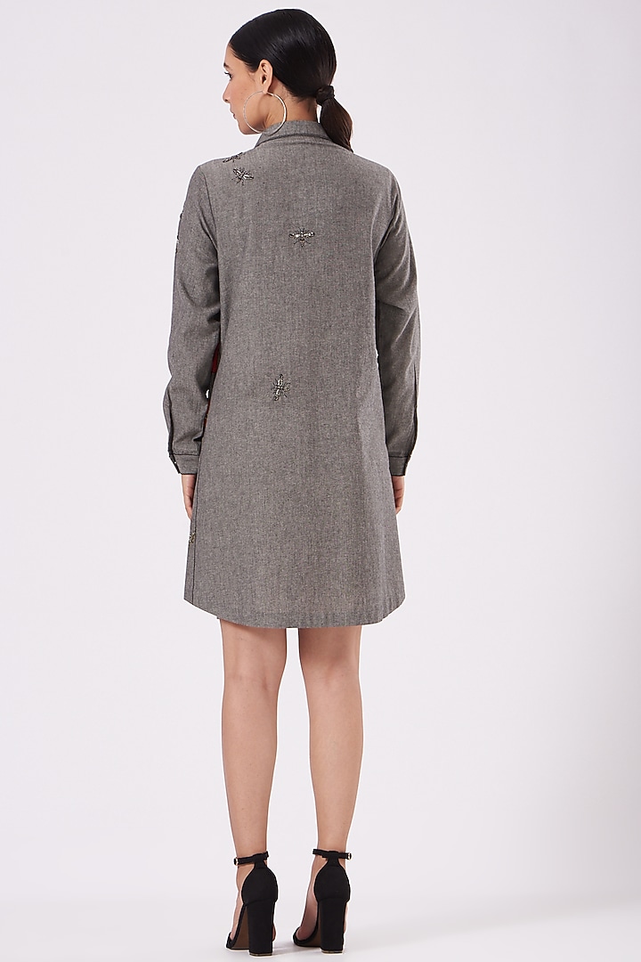 Dark Grey Embroidered Mini Vacation Shirt Dress by Shahin Mannan at Pernia's Pop Up Shop