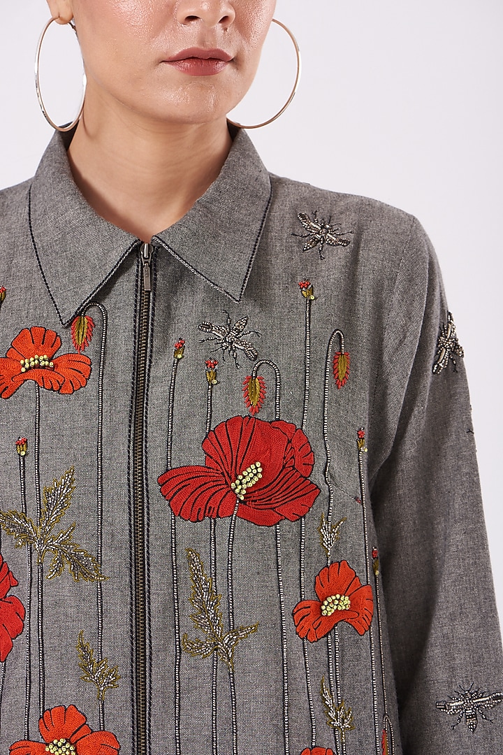 Dark Grey Embroidered Mini Vacation Shirt Dress by Shahin Mannan at Pernia's Pop Up Shop
