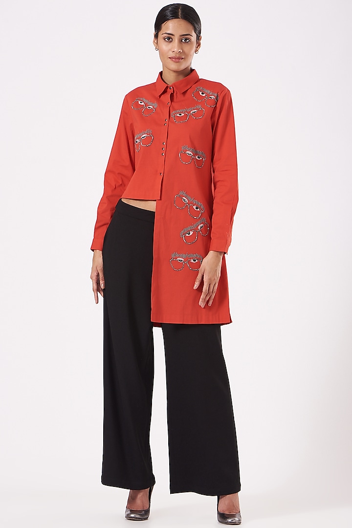 Red Embroidered Shirt by Shahin Mannan