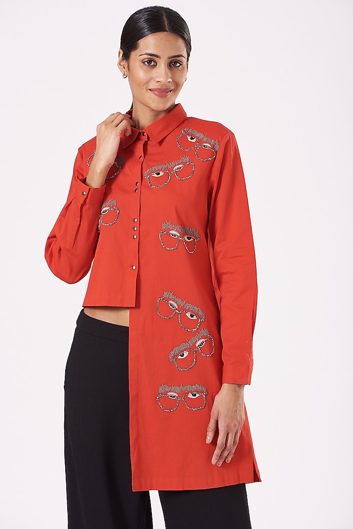 Red Embroidered Shirt by Shahin Mannan at Pernia's Pop Up Shop