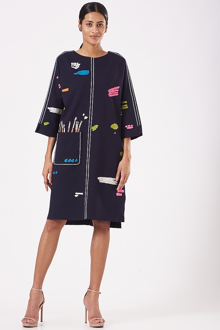 Navy Blue Embroidered Kaftan by Shahin Mannan at Pernia's Pop Up Shop