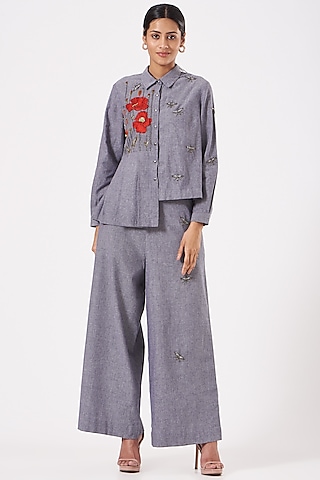 Stone Blue Embroidered Pant Set by Shahin Mannan