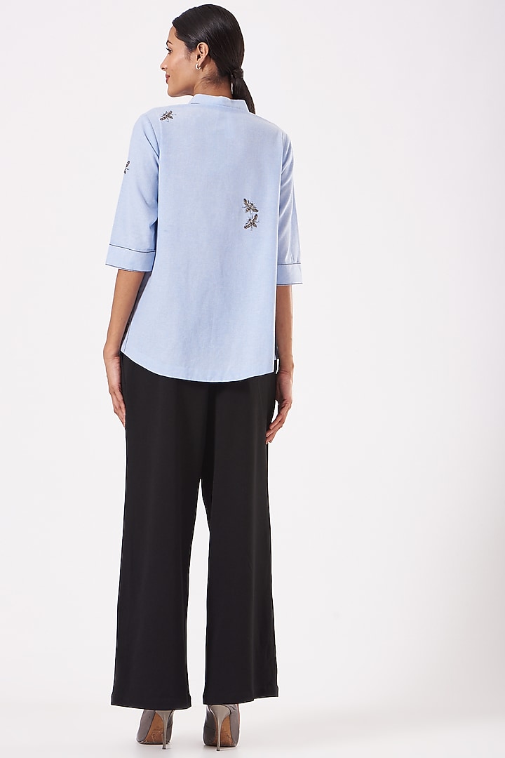 Light Blue Embroidered Side-Triangle Top by Shahin Mannan at Pernia's Pop Up Shop
