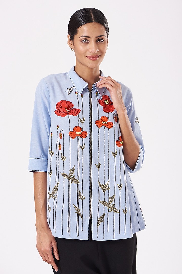 Light Blue Embroidered Side-Triangle Top by Shahin Mannan at Pernia's Pop Up Shop