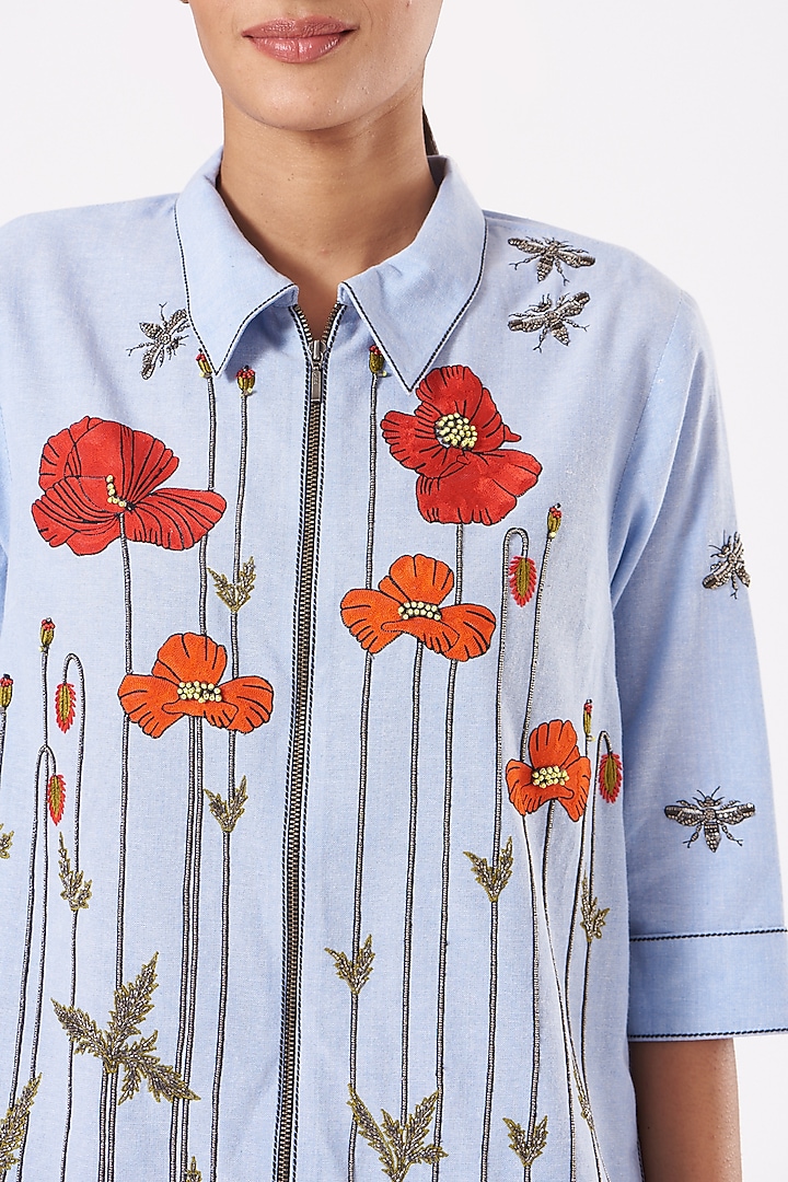 Light Blue Embroidered Side-Triangle Top by Shahin Mannan at Pernia's Pop Up Shop