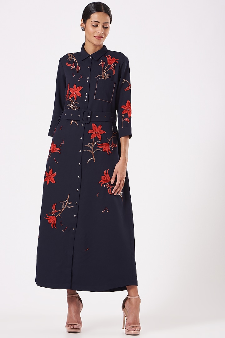 Dark Navy Blue Embroidered Cocktail Shirt Dress With Belt by Shahin Mannan at Pernia's Pop Up Shop