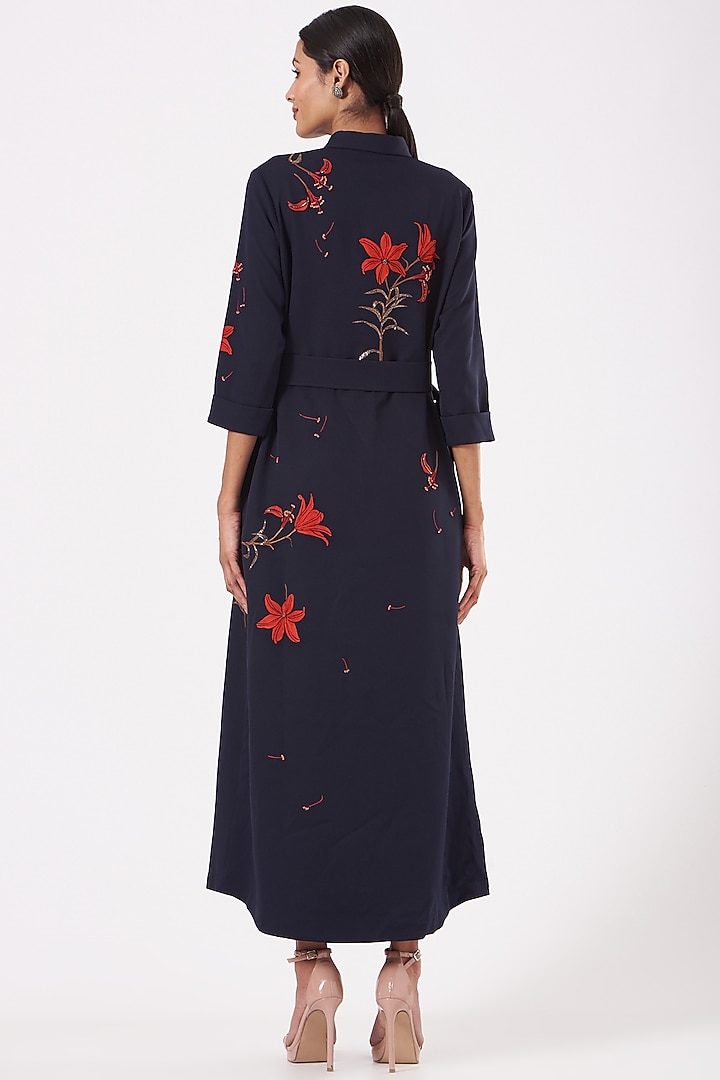 Dark Navy Blue Embroidered Cocktail Shirt Dress With Belt by Shahin Mannan at Pernia's Pop Up Shop