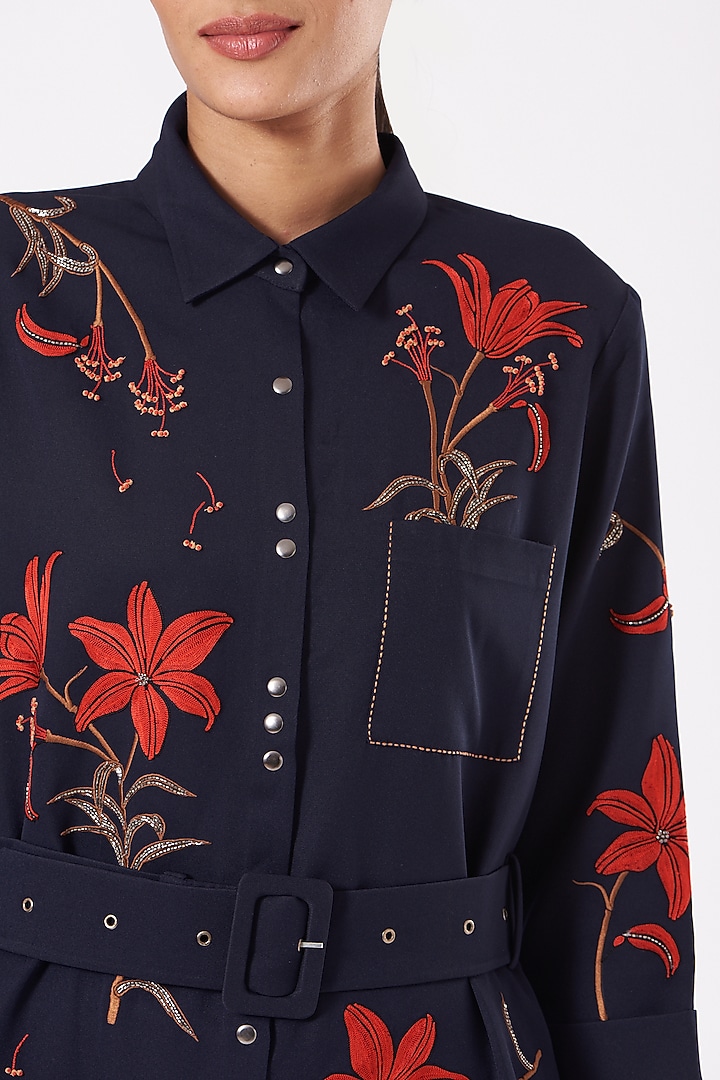 Dark Navy Blue Embroidered Cocktail Shirt Dress With Belt by Shahin Mannan at Pernia's Pop Up Shop