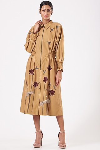 Cappuccino Embroidered Midi Dress by Shahin Mannan