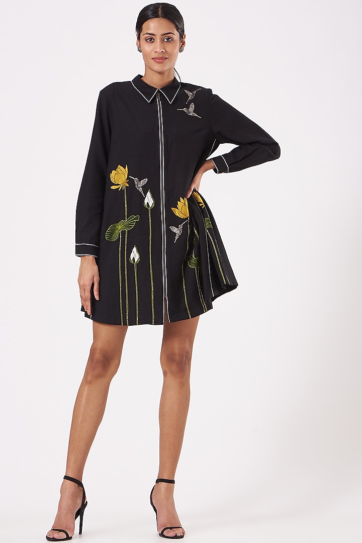 Black Embroidered Side-Triangle Shirt Dress by Shahin Mannan
