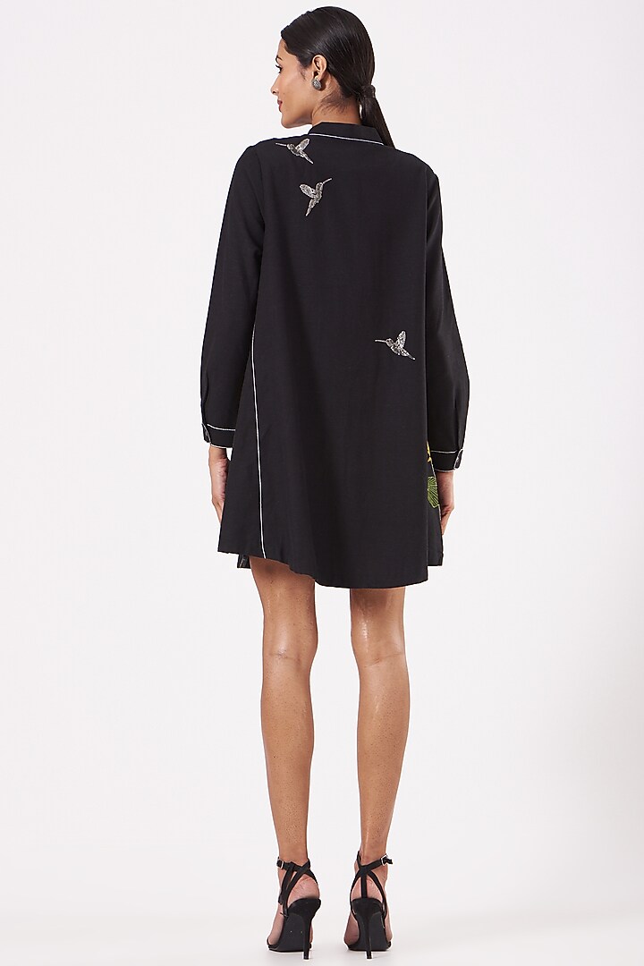 Black Embroidered Side-Triangle Cocktail Shirt Dress by Shahin Mannan at Pernia's Pop Up Shop