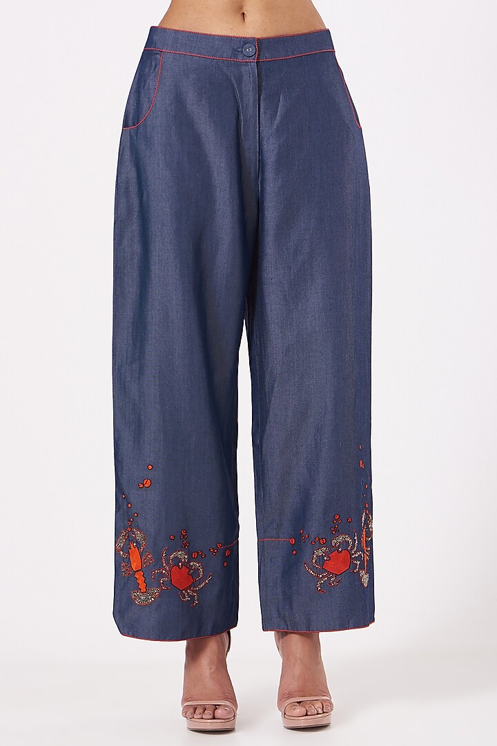 Cobalt Blue Embroidered Cropped Pant Set by Shahin Mannan at Pernia's Pop Up Shop