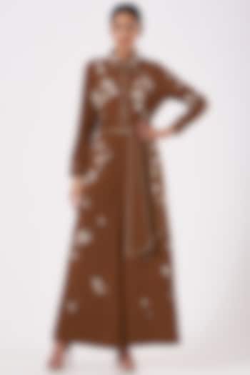 Biscuit Brown Embroidered Jumpsuit With Belt by Shahin Mannan
