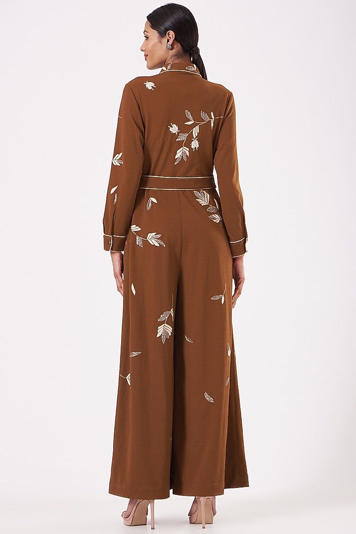 Biscuit Brown Embroidered Jumpsuit With Belt by Shahin Mannan at Pernia's Pop Up Shop