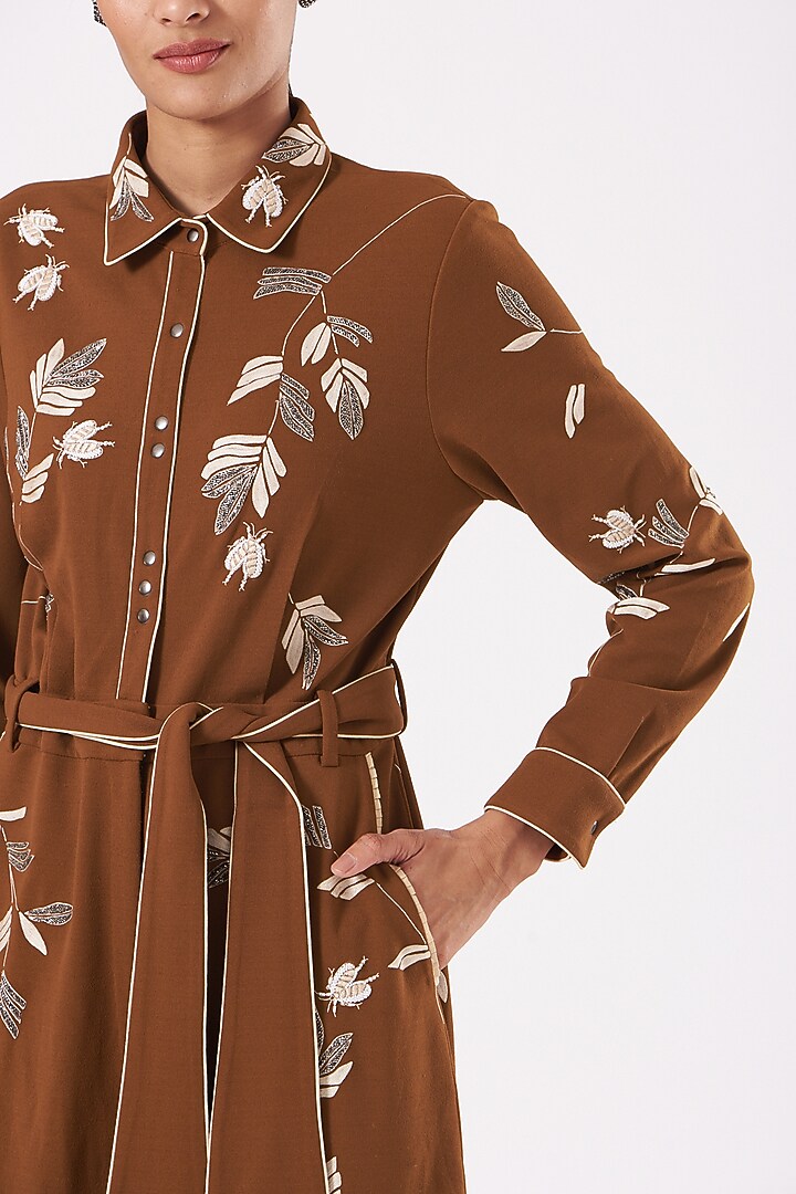 Biscuit Brown Embroidered Jumpsuit With Belt by Shahin Mannan at Pernia's Pop Up Shop