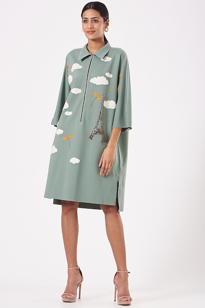 Sage Green Embroidered Kaftan Dress by Shahin Mannan at Pernia's Pop Up Shop