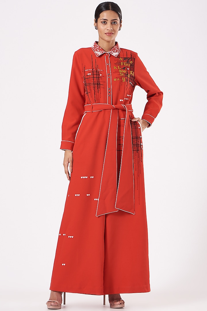 Bright Red Double Crepe Jumpsuit With Belt by Shahin Mannan