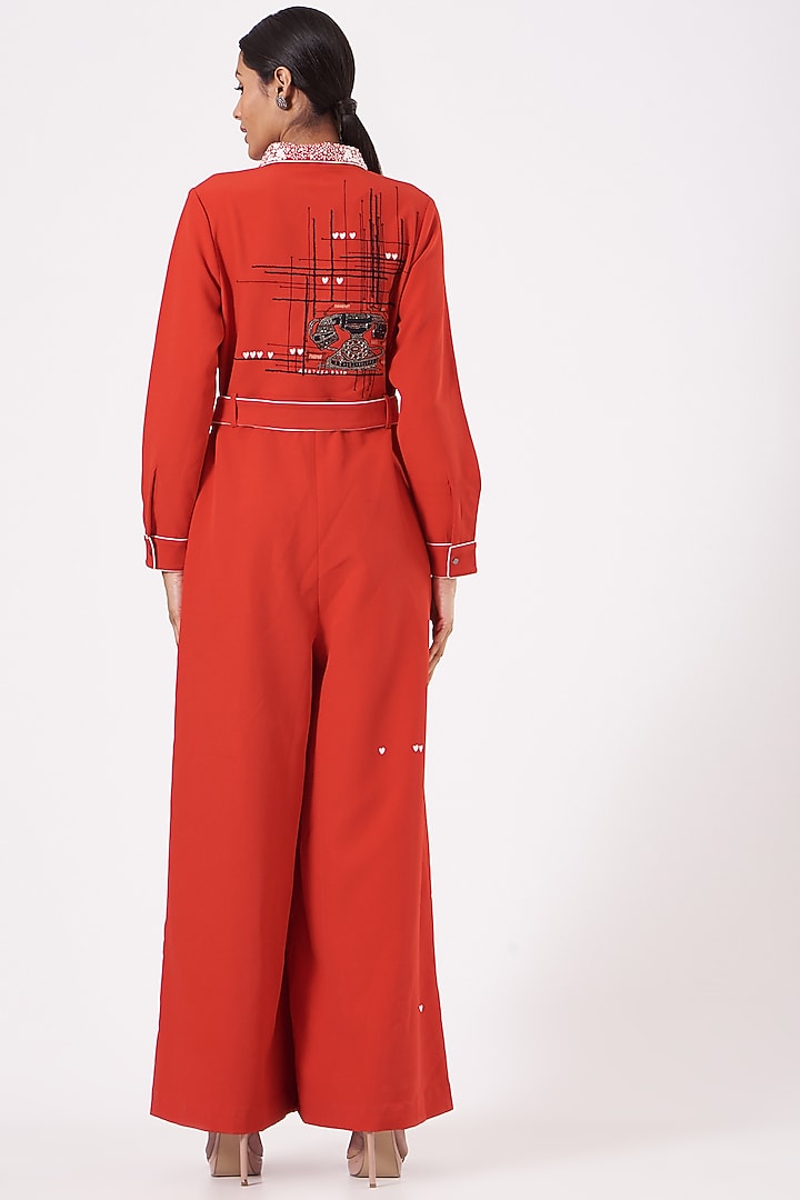 Bright Red Double Crepe Jumpsuit With Belt by Shahin Mannan at Pernia's Pop Up Shop