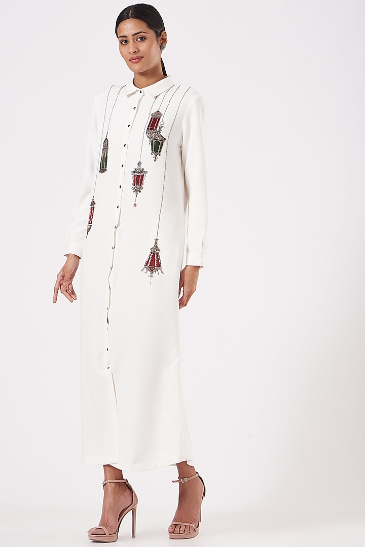 Ivory Embroidered Shirt Dress by Shahin Mannan