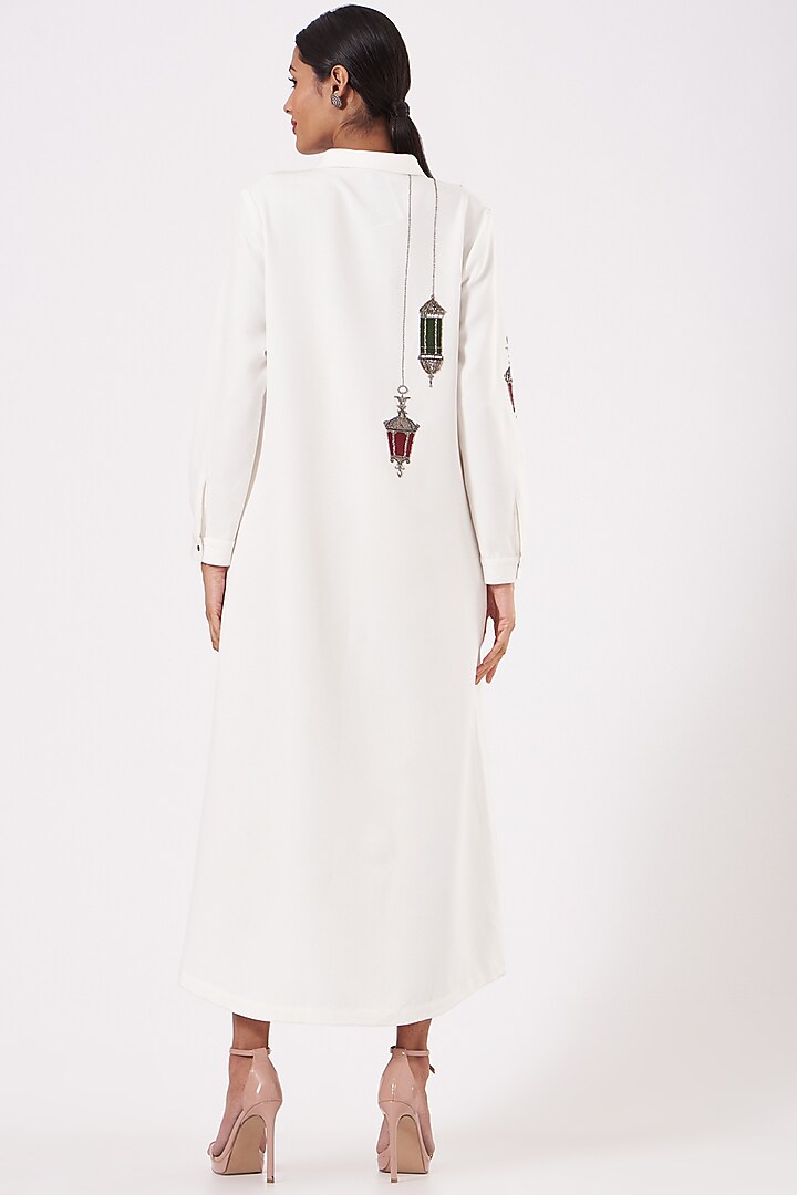 Ivory Double Crepe Embroidered Vacation Shirt Dress by Shahin Mannan at Pernia's Pop Up Shop