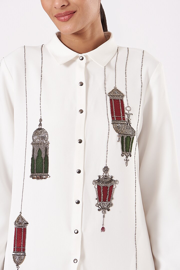 Ivory Double Crepe Embroidered Vacation Shirt Dress by Shahin Mannan at Pernia's Pop Up Shop