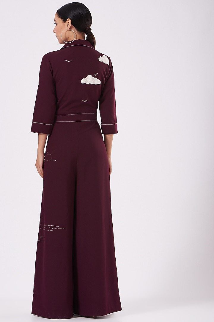 Wine Hand Embroidered Jumpsuit With Belt by Shahin Mannan at Pernia's Pop Up Shop