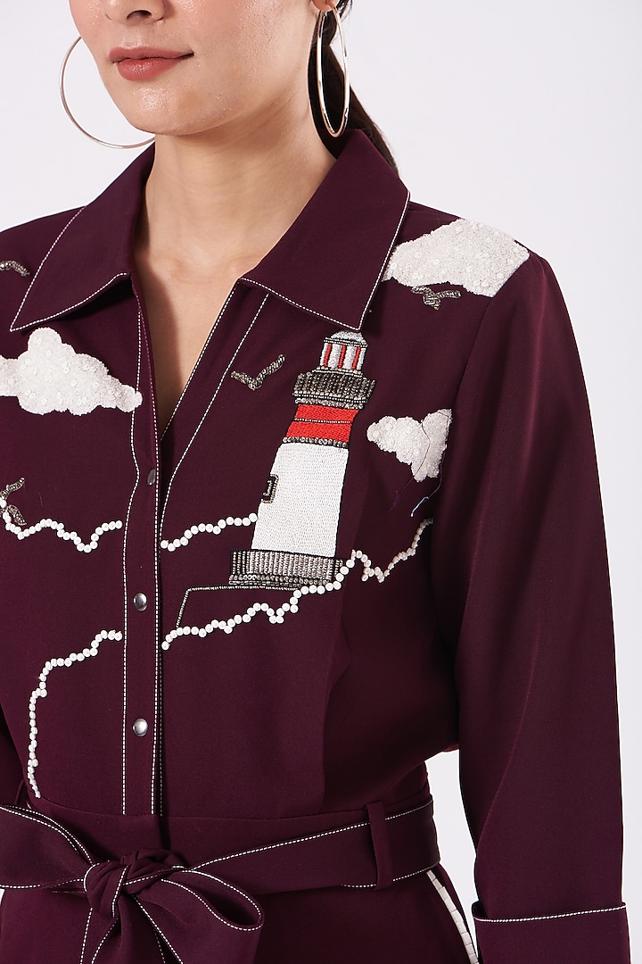 Wine Hand Embroidered Jumpsuit With Belt by Shahin Mannan at Pernia's Pop Up Shop