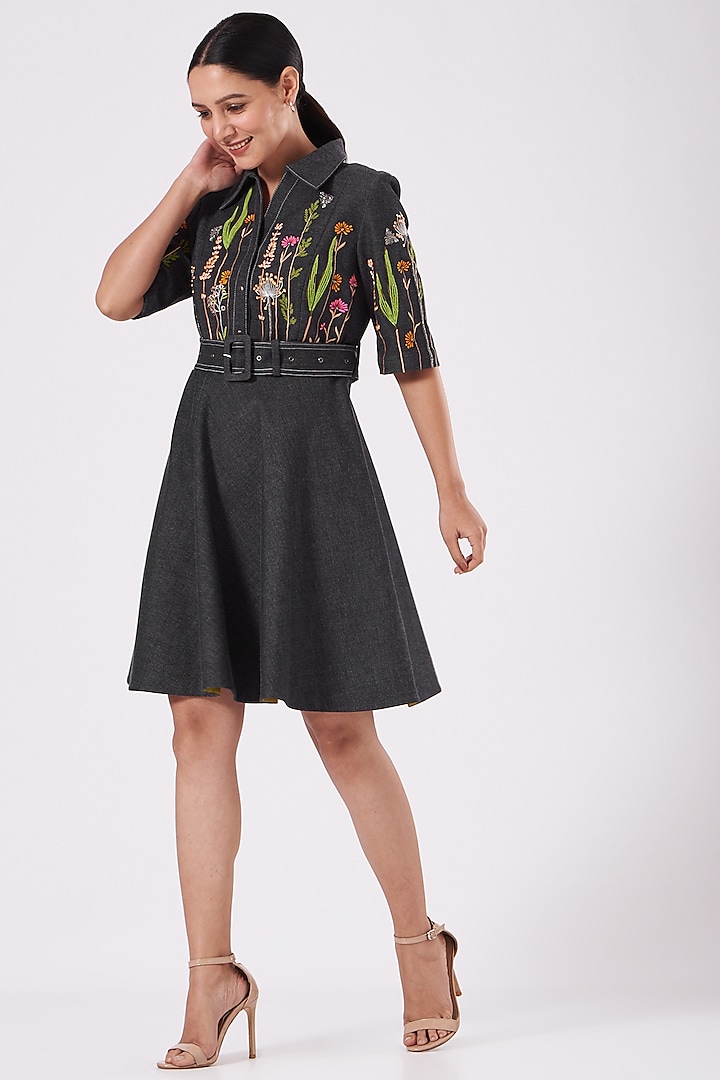 Dark Grey Embroidered Mini Dress With Belt by Shahin Mannan