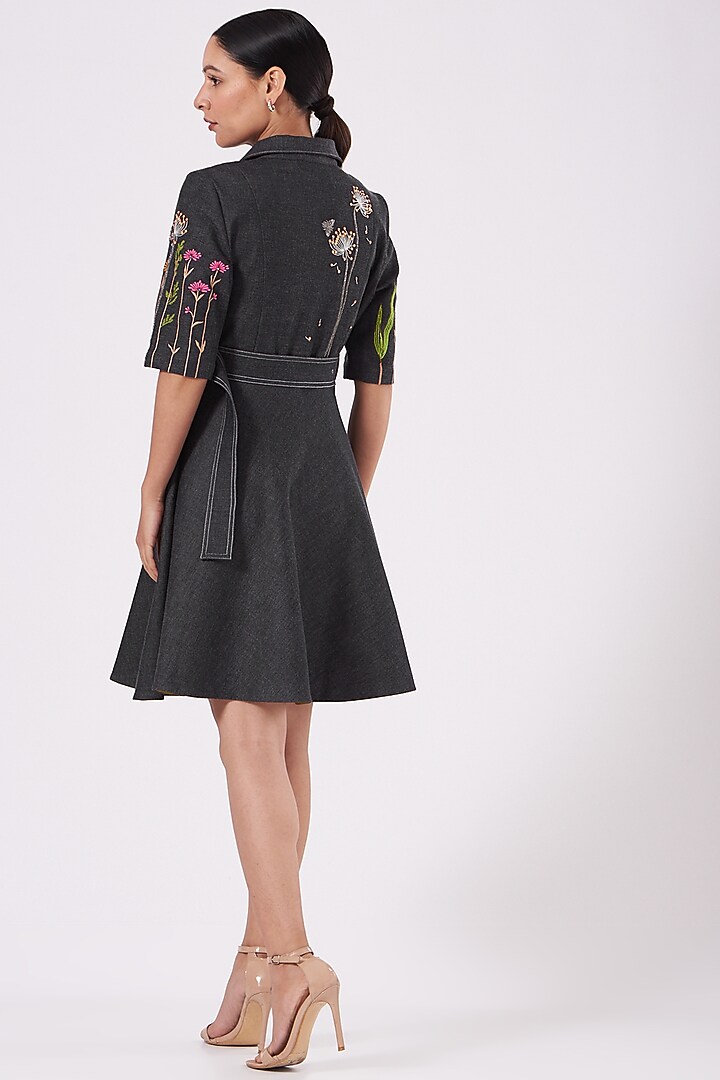Dark Grey Embroidered Mini Vacation Dress With Belt by Shahin Mannan at Pernia's Pop Up Shop