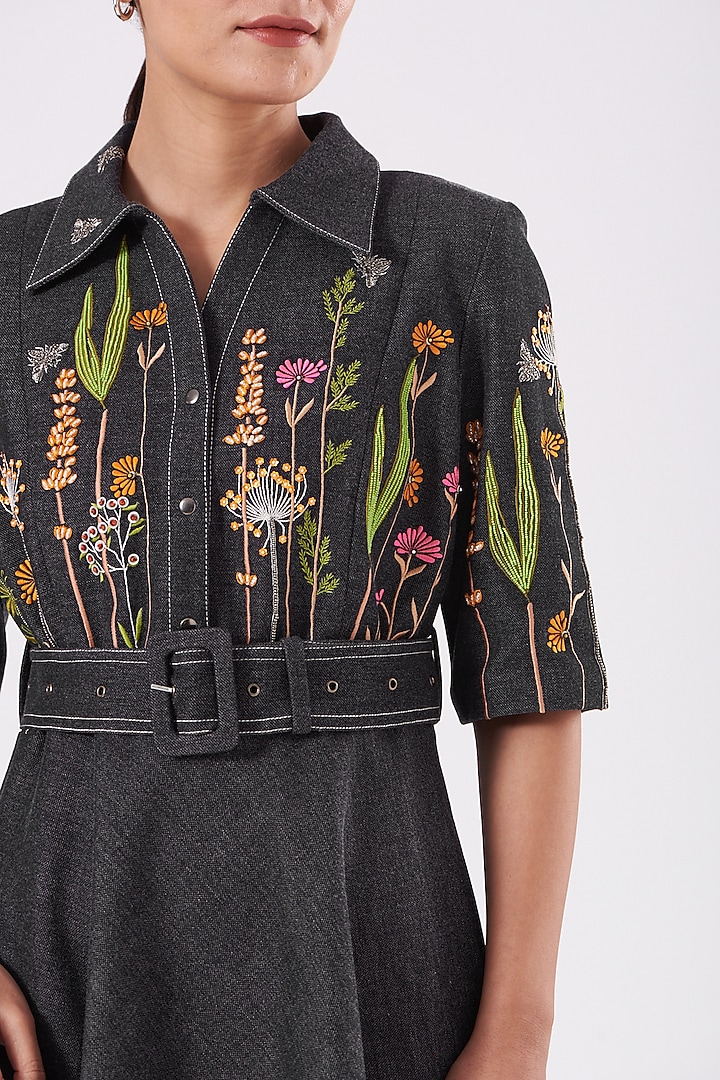 Dark Grey Embroidered Mini Vacation Dress With Belt by Shahin Mannan at Pernia's Pop Up Shop