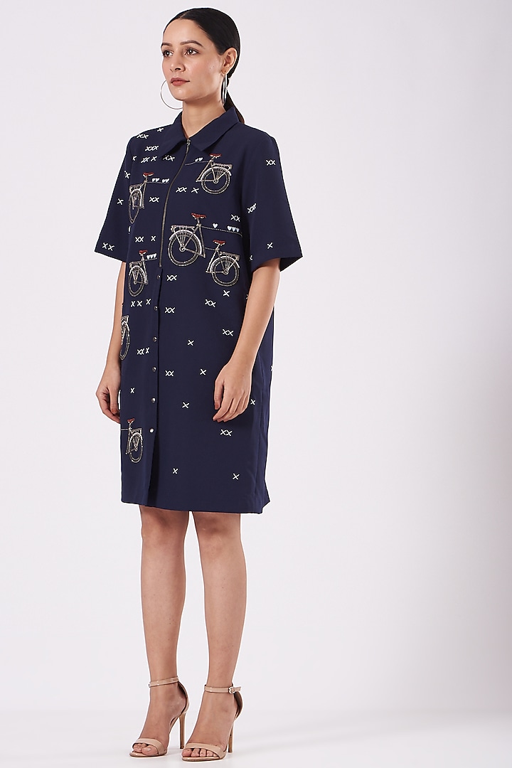 Navy Blue Embroidered Shift Dress by Shahin Mannan