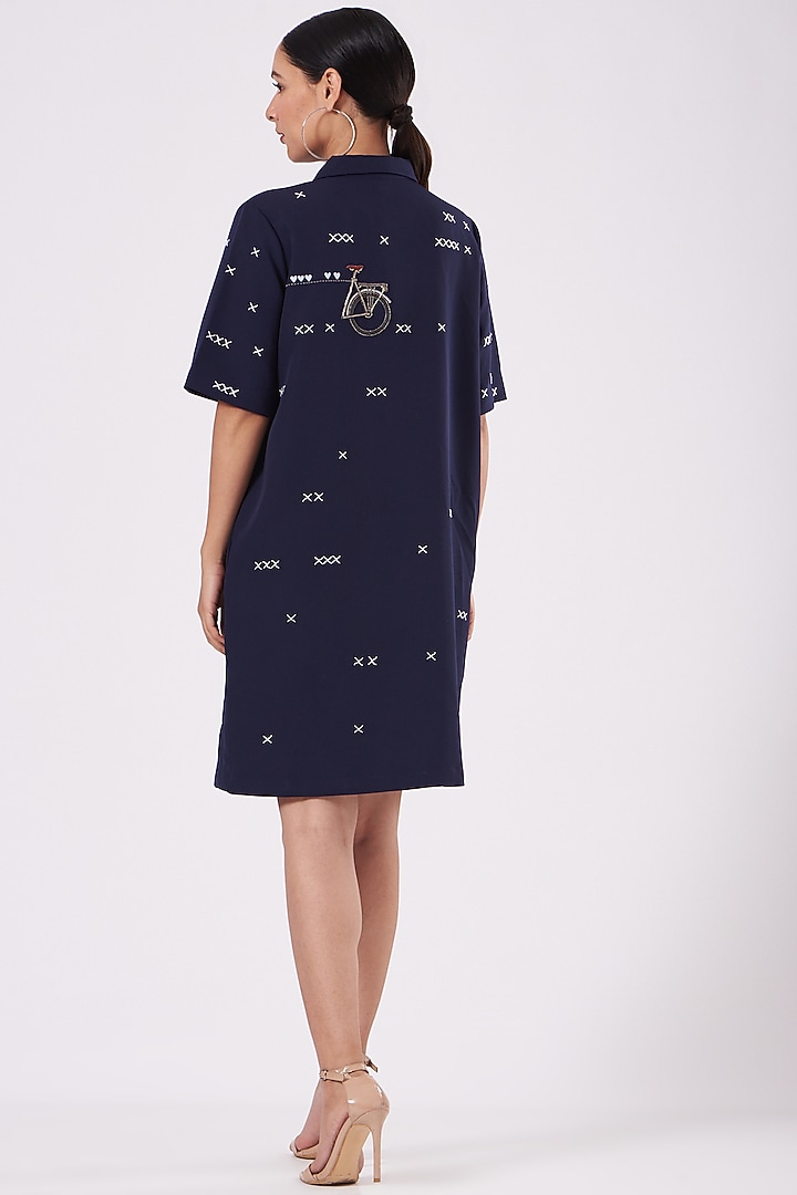 Navy Blue Embroidered Shift Vacation Dress by Shahin Mannan at Pernia's Pop Up Shop